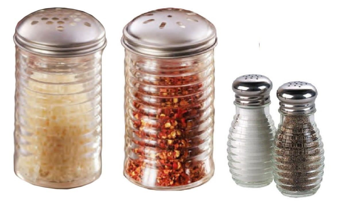 4 PC Beehive Shaker Set - Cheese & Red Pepper (12 ounce) Salt and Pepper (2 ounce) Beehive Glass,Stainless Steel Lids, Large Holes For Cheese, Slotted holes for Pepper or other Spices.
