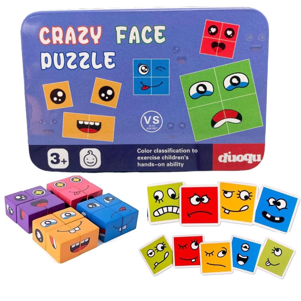 Kids Face Changing Magic Cube Puzzle for Kids, Rubik’s Cube Face Expression Toy 16 Wooden Puzzles and 72 Playing Cards Expression Matching Emoji Educational Toy