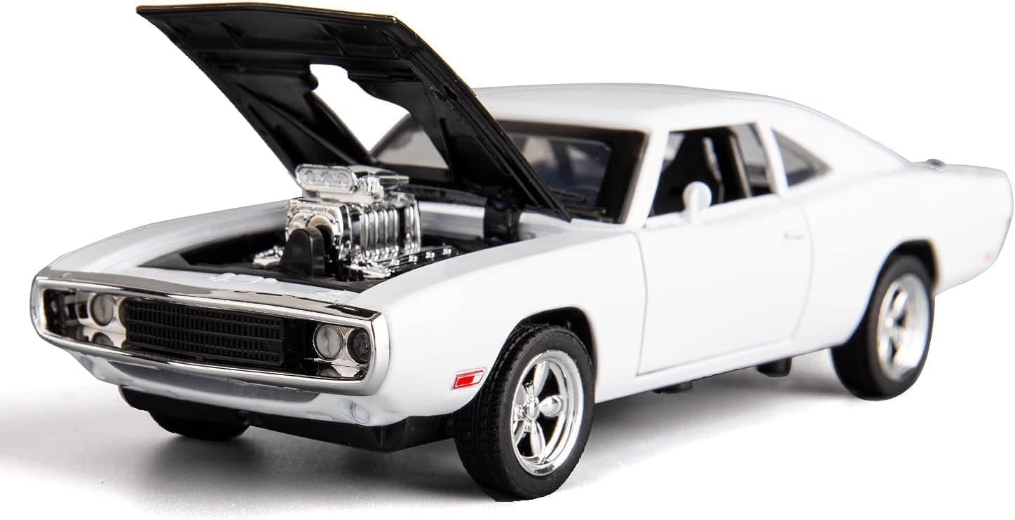Alloy Metal Pull Back Die-cast Car 1:32 Fast and The Furious Dodge Charger Diecast Metal Pullback Toy car with Openable Doors, Light Music Boys Gifts Toys for Kids -White