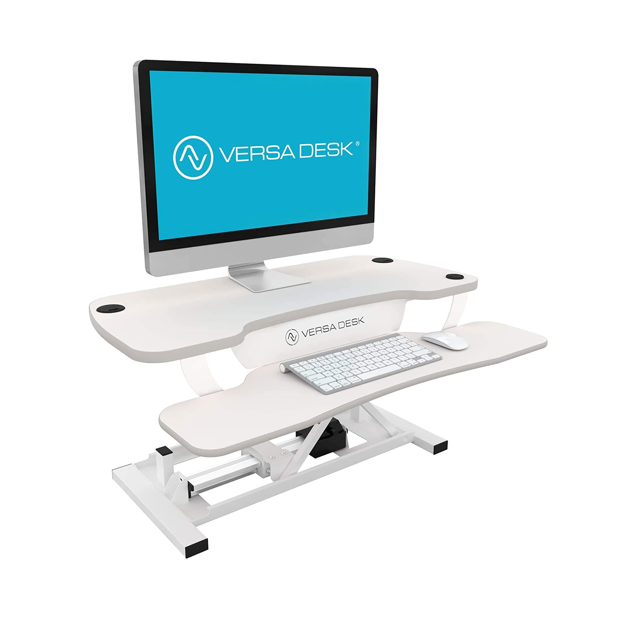 VersaDesk Power Pro | Touch Button Electric Height-Adjustable Desk Riser | Standing Desk Converter | Sit to Stand Desktop with Keyboard + Mouse Tray + White Board Surface ( All White, 36" X 24")