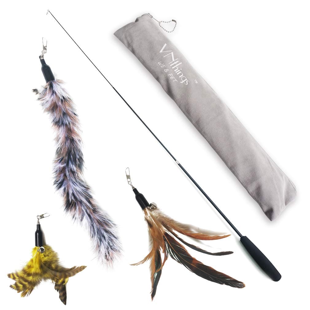 Cat Toys Interactive Feather Wand Retractable with Pack 3 Assorted Natural Feathers Refills Teaser and Exerciser Attachments with Bell Attached