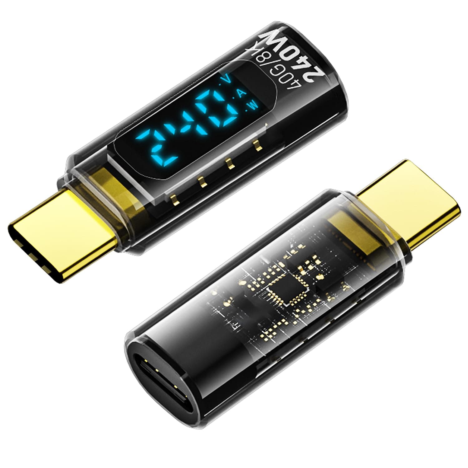 2 Pack USB C Adapter with Digital Display, PD 240W USB-C Male to Female Connector for iPhone 15 Series, iPad, MacBook, Support Voltage, Current and Power Smart LED Display (Transparent)