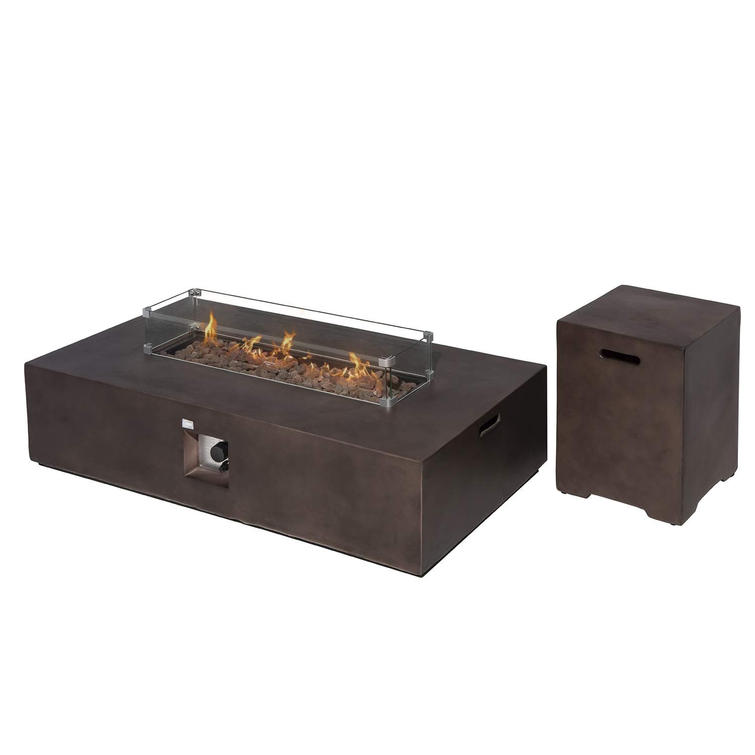 COSIEST Outdoor Propane Fire Table Set of 2 Rectangular Concrete 56"x28" Bronze Fire Pit (50,000BTU) w 20,000 lbs Tank Table Windguard Waterproof Cover for Garden Porch Backyard