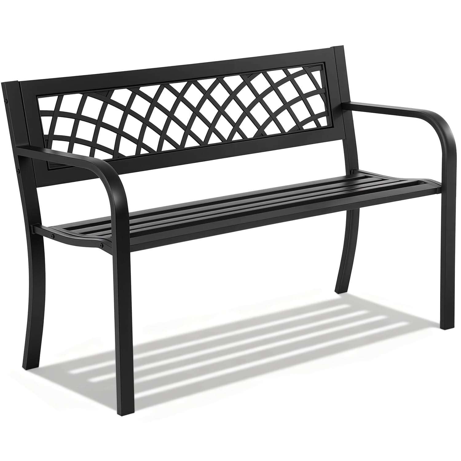Iron Steel Frame Patio Bench with Mesh Pattern and Plastic Backrest Armrests for Lawn Yard Porch Work Entryway Black
