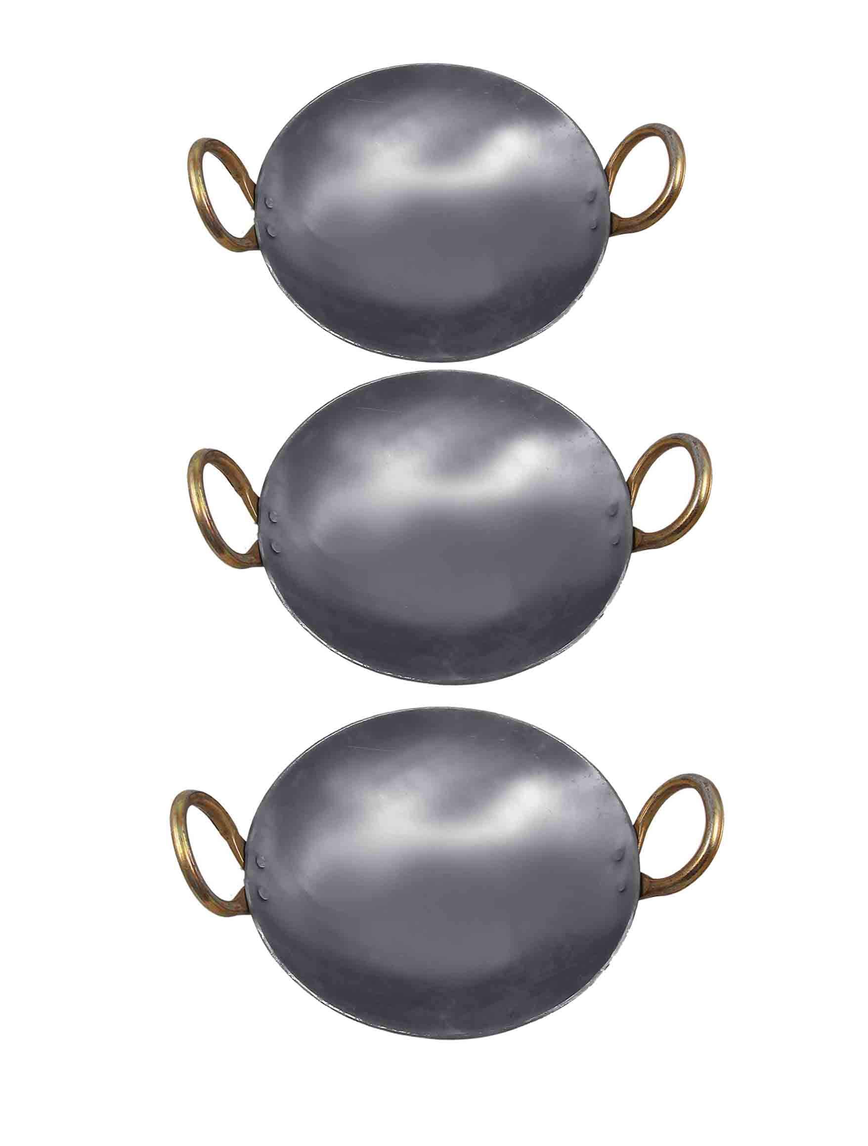 KITCHEN SHOPEE Iron 3 pes cookware set combo deep Kadai Frying Pan Cooking Fry Kadhai Heavy Base With Handle Multipurpose use Induction Friendly 9 In 10 In &11 In silver Colour 7 liters