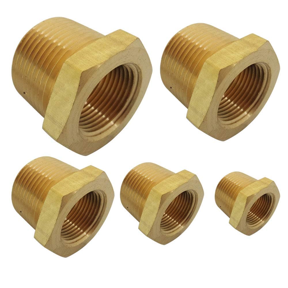 Brass Pipe Fitting Hex Bushing Assortment Kits NPT Male Pipe to NPT Famale Pipe 1/4"×1/8";3/8"×1/8";3/8"×1/4";1/2"×1/4";1/2"×3/8"(5pcs)