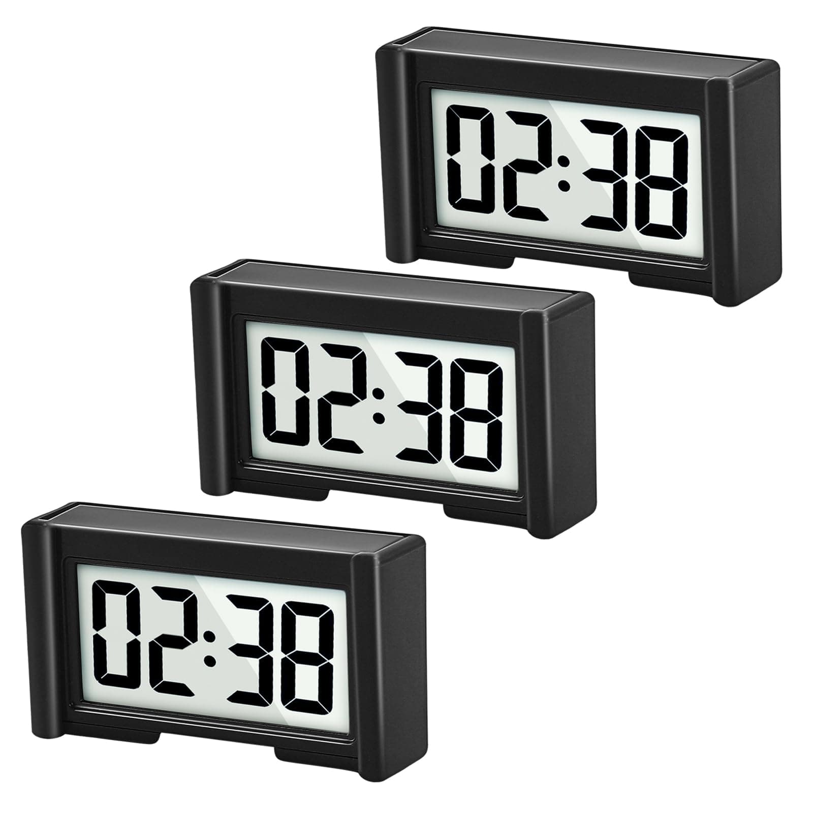 3PCS Small Digital Clock, Vehicle Adhesive Clock with Jumbo LCD Time & Day Display, Mini Car Dashboard Clock Battery Operated for Desktop Car Truck Dashboard & Air Vent (Black)