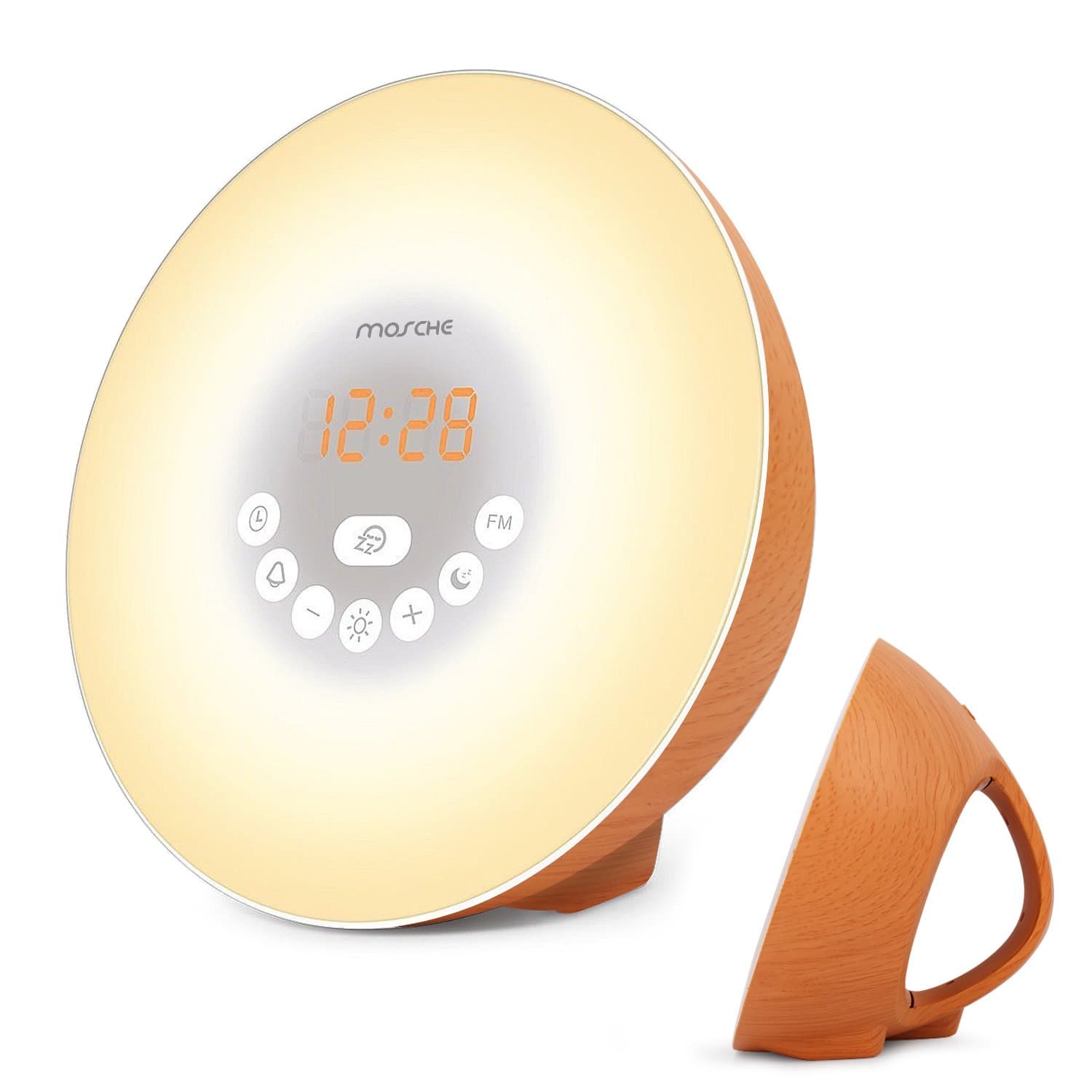 MOSCHE Sunrise Alarm Clock, Digital Clock, Wake Up Light with 6 Nature Sounds, FM Radio and Touch Control (Brown-Wood)