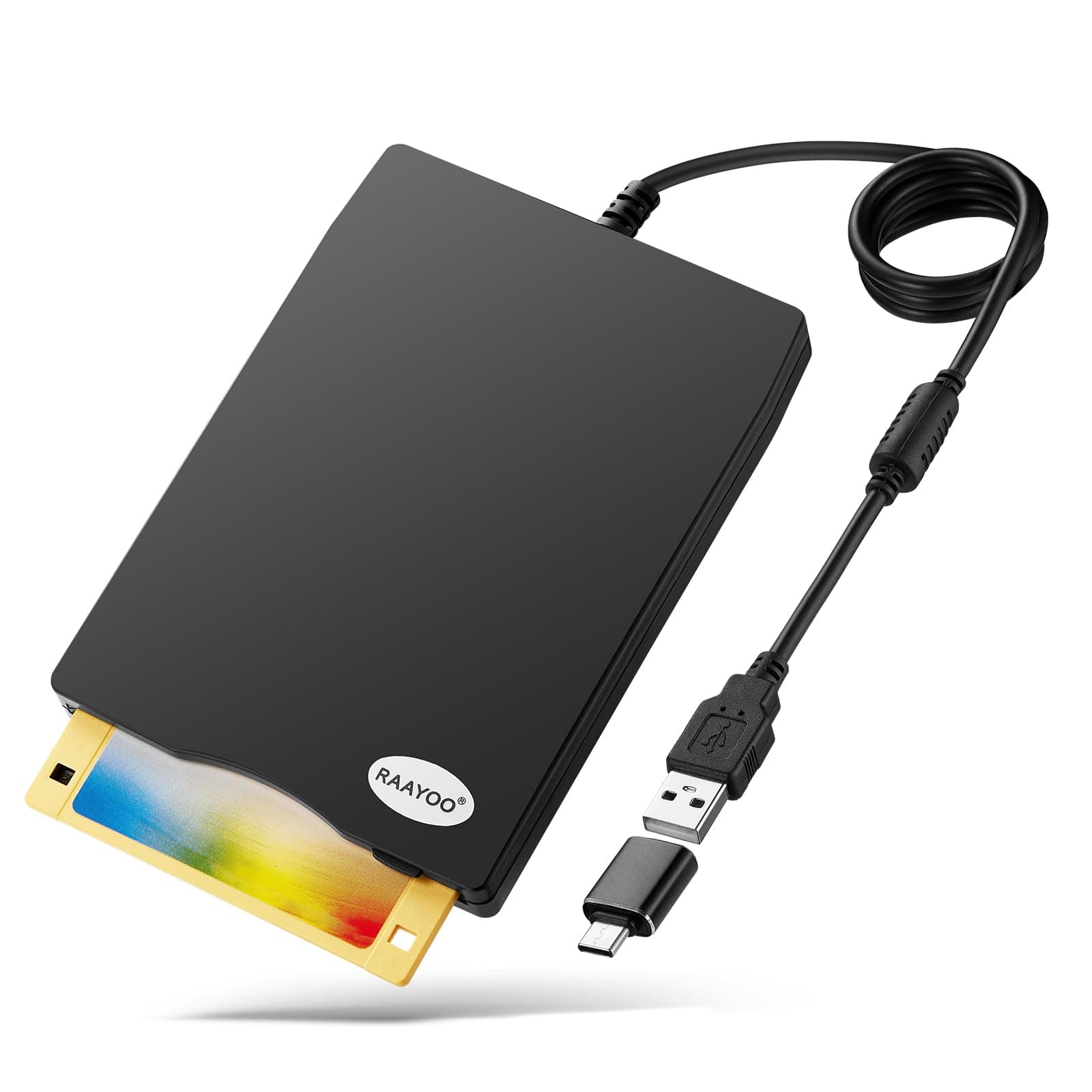 USB Floppy Disk Reader Drive, RAAYOO 3.5' External Portable 1.44 MB FDD Diskette Drive for Mac Windows 10/7/8/XP/Vista PC Laptop Desktop Notebook Computer Plug and Play No Extra drivers- Black