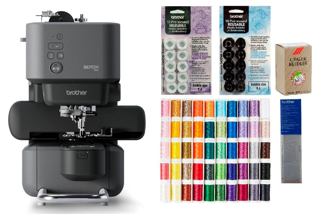 Brother PP1 Skitch Single-Needle Embroidery Machine, 50-Piece Designio Thread Set, 20 Bobbins, 100-Piece 75/11 Embroidery Needles, Stabilizer Roll