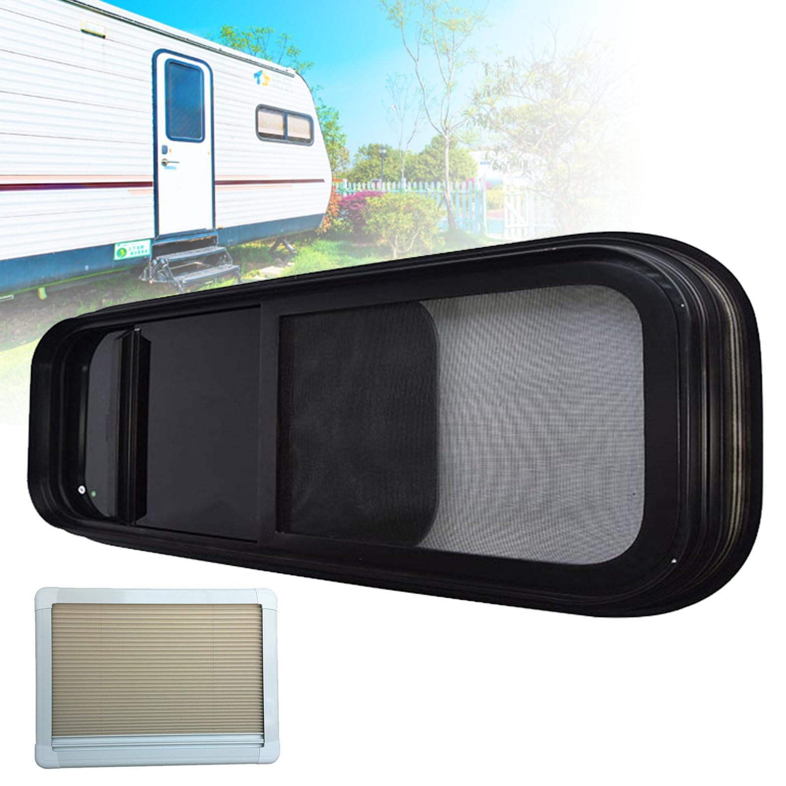 RV Window, Horizontal Sliding Camper Window with Integrated Roller Blind and Fly Screen, 4mm Tempered Tinted Glass Black RV Window for Caravan, Motorhome, Trailer,750x430mm