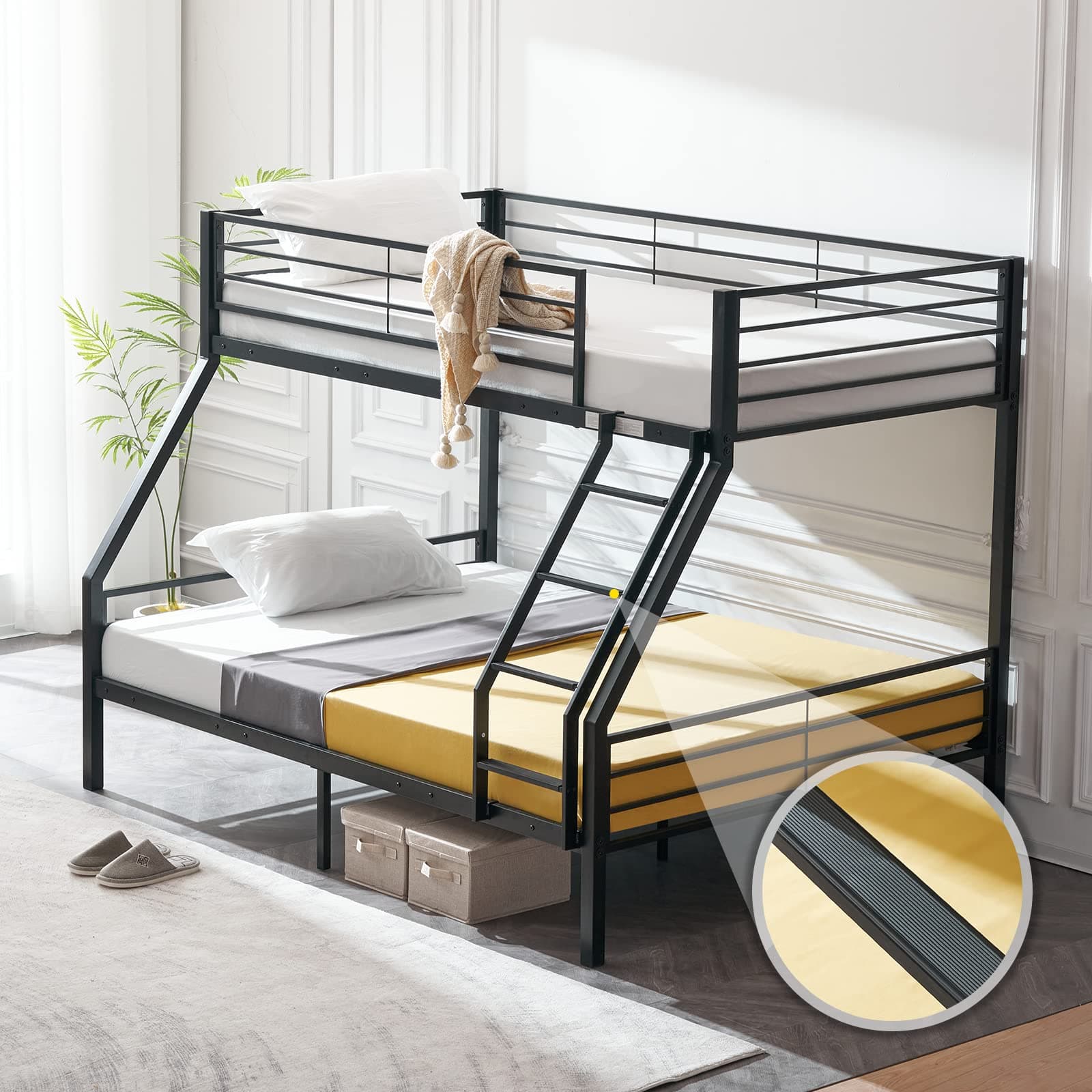 Twin Over Full Bunk Bed for Kids/Adults with Stairs Flat Rungs, Heavy Duty Metal Slats, No Box Spring Needed, Black