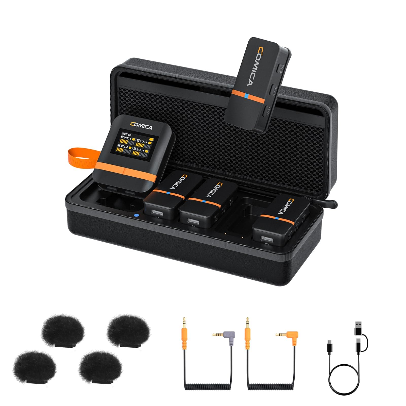 Vimo Q 4 Channel Wireless Lavalier Microphone System with Noise Cancellation, 4 Audio Tracks Output, 656ft Range, Wireless Mic for iPhone, DSLR Camera, Android, Video Recording Livestream