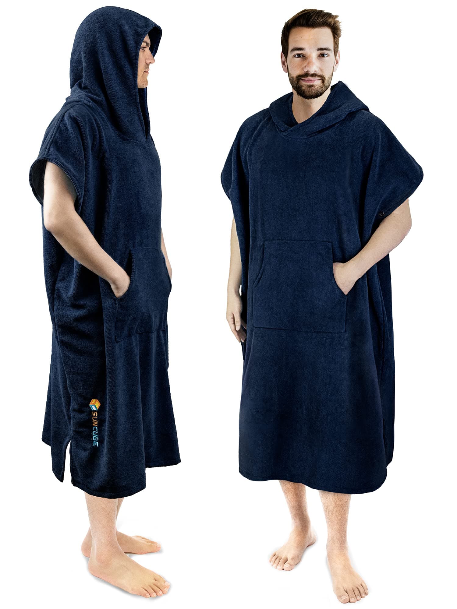 SUN CUBE Surf Poncho Changing Robe with Hood | Quick Dry Microfiber Wetsuit Changing Towel with Pocket Surfing for Men and Women, Navy, One Size, blue, Free size