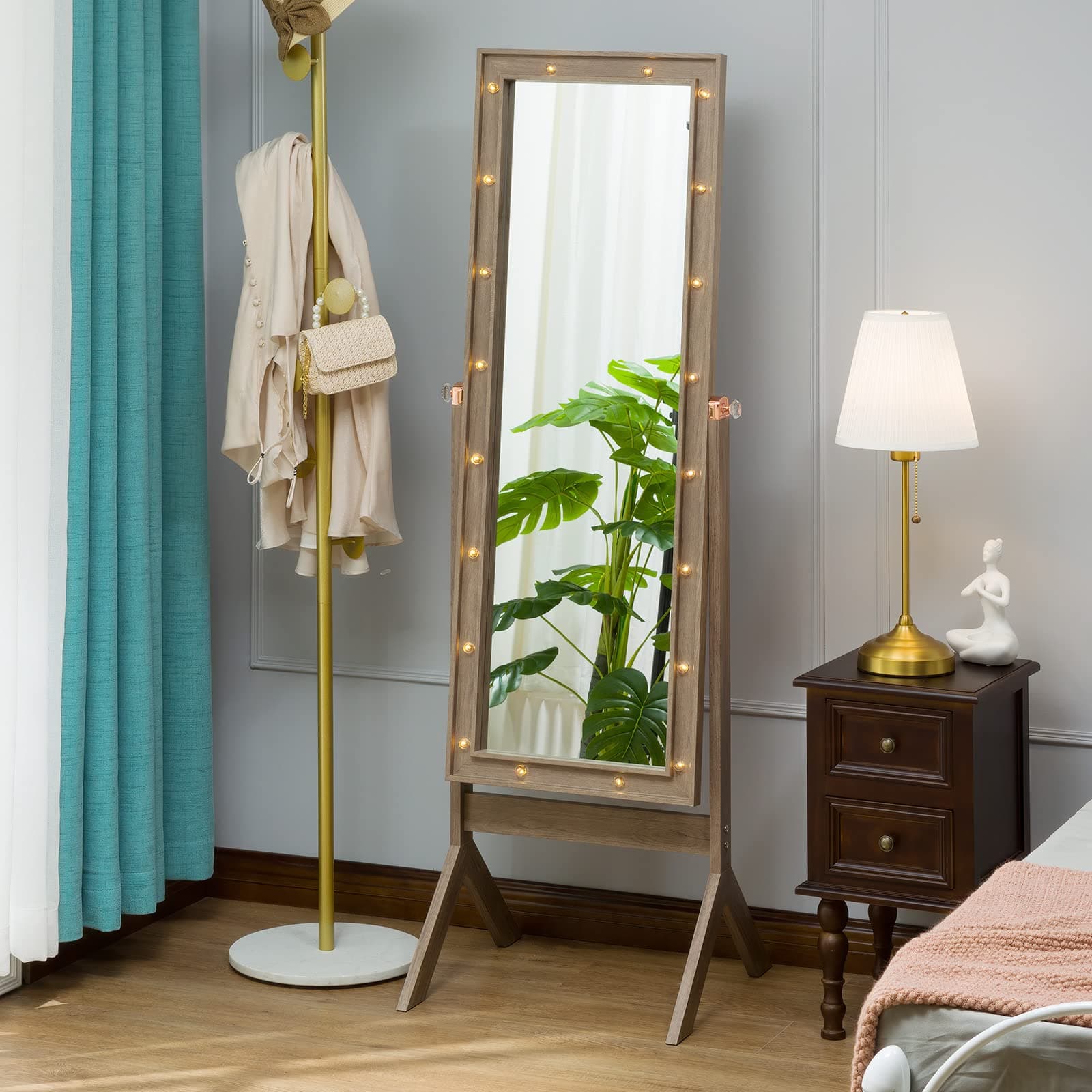 Floor & Full Length Mirrors, Large Free Standing Body Mirror with Lights, Tall Cheval Mirror for Bedroom (Rustic Brown)