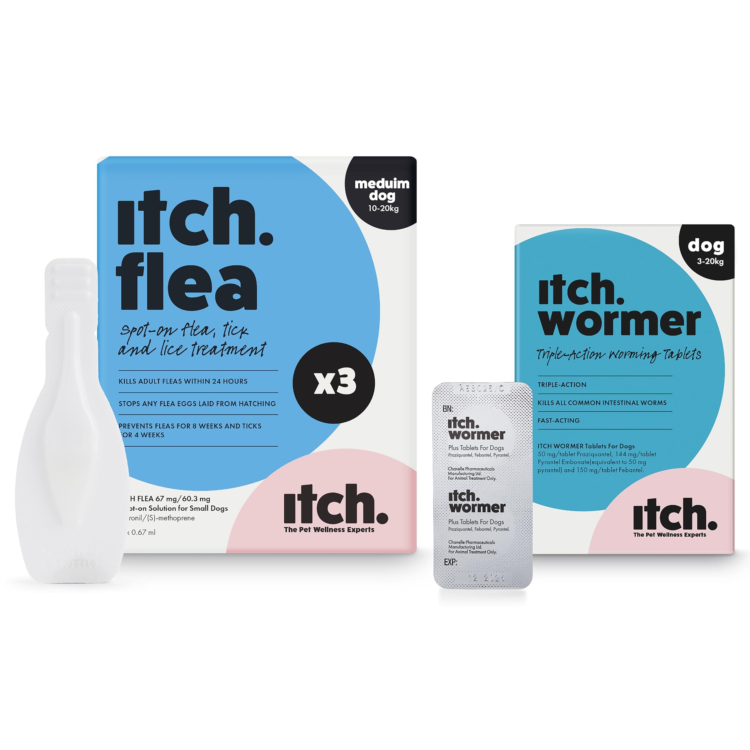– Itch - Medium Dog Flea & Tick Treatment and Wormer Bundle for Dogs - Dogs 10kg - 20kg - 3 Flea Pipettes and Itch Wormer-2 Tablets