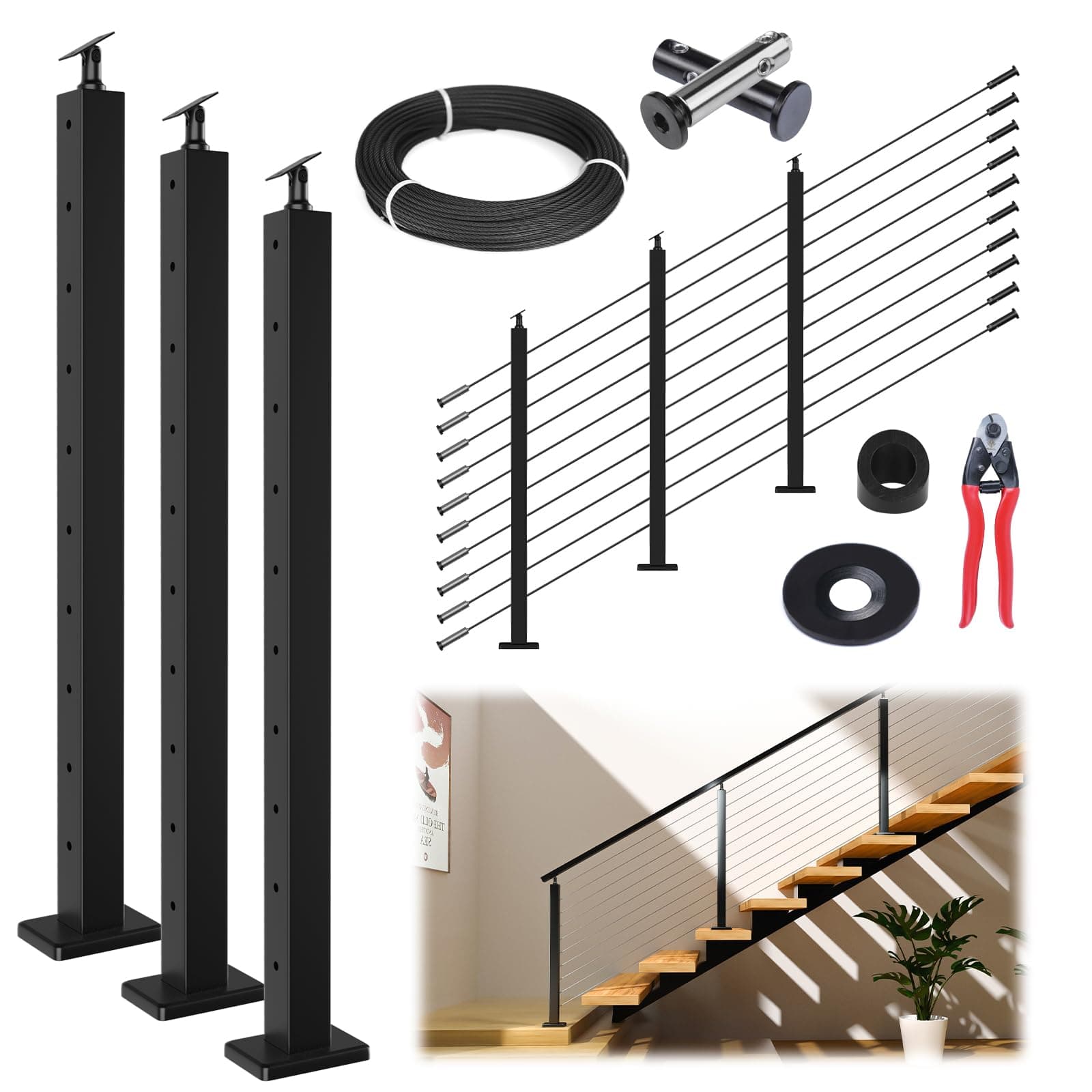 10-15FT Modular Black Cable Railing Kit 36 Inch 3 Stair Post Kit Complete Set Cable Railing System for Stairs Length Adjustable Easy DIY with Paper User Guide (No Handrail) RWS1 BA4S