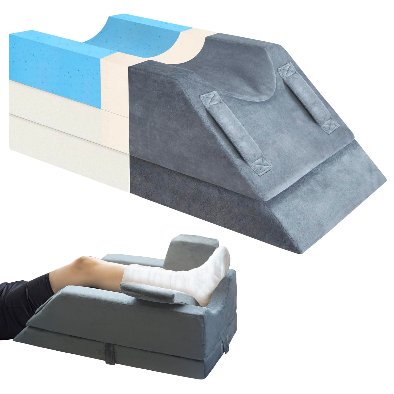 KingPavonini 4-Height Adjustable Leg Elevation Pillows for After Surgery, Injuries, or Rest, Memory Foam Leg Pillows for Sleeping with 3 Handles and Insert Pad, Washable Velvet Cover