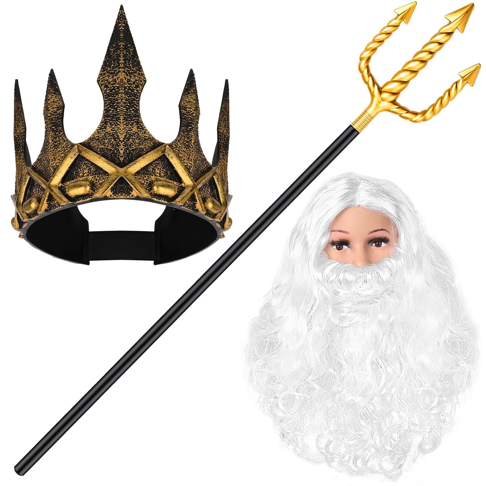 Azonee White Wig and Beard With Crown and Trident, Long White Dress Up Costume Accessories Curly Hair, Costume Accessory Set for Adults Halloween Cosplay Prop Weapon Dress Up