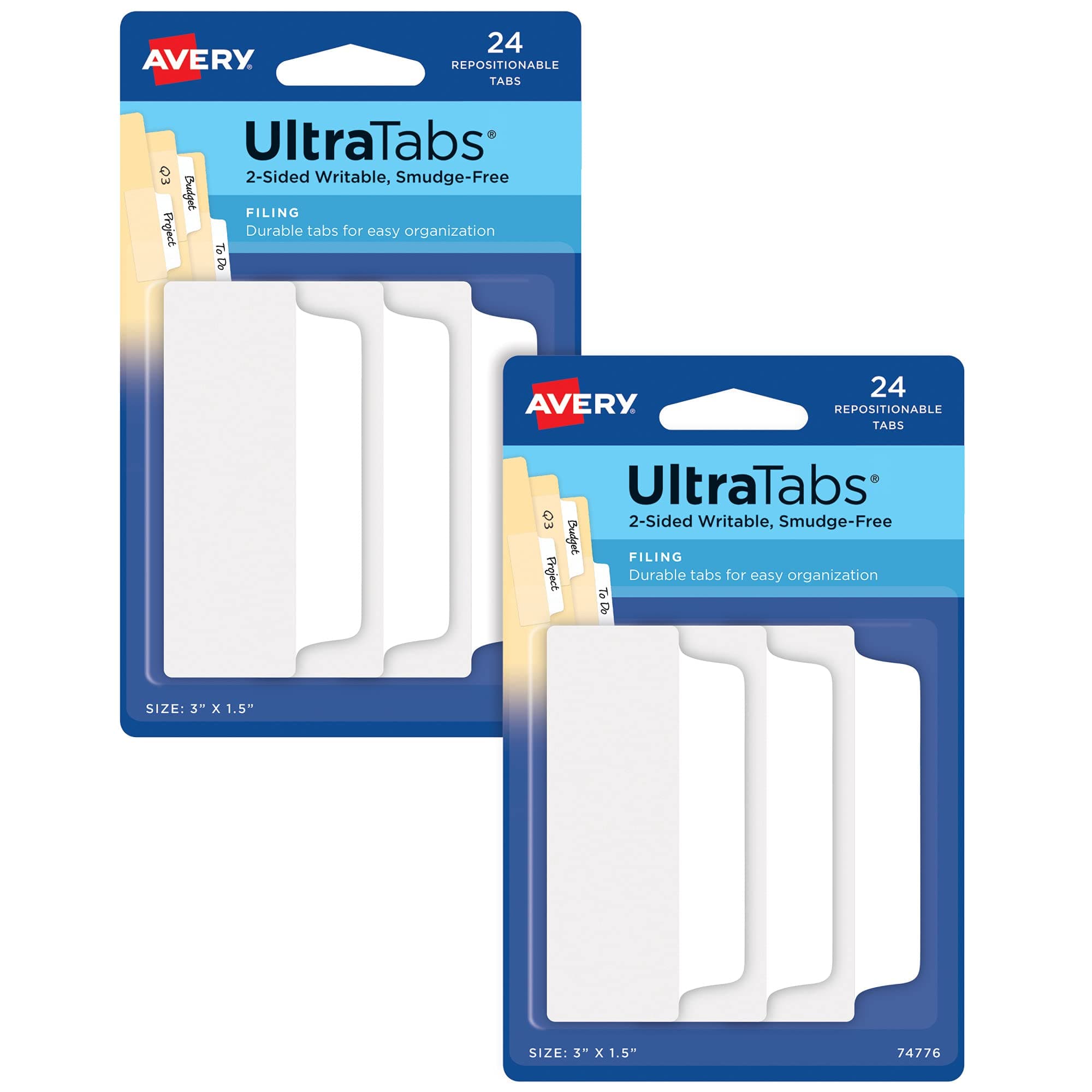 Ultra Tabs, File Tabs, 3" x 1.5", 2-Side Writable, White, Self-Adhesive, 24 Per Pack, 48 Total (2-Pack of 74776)