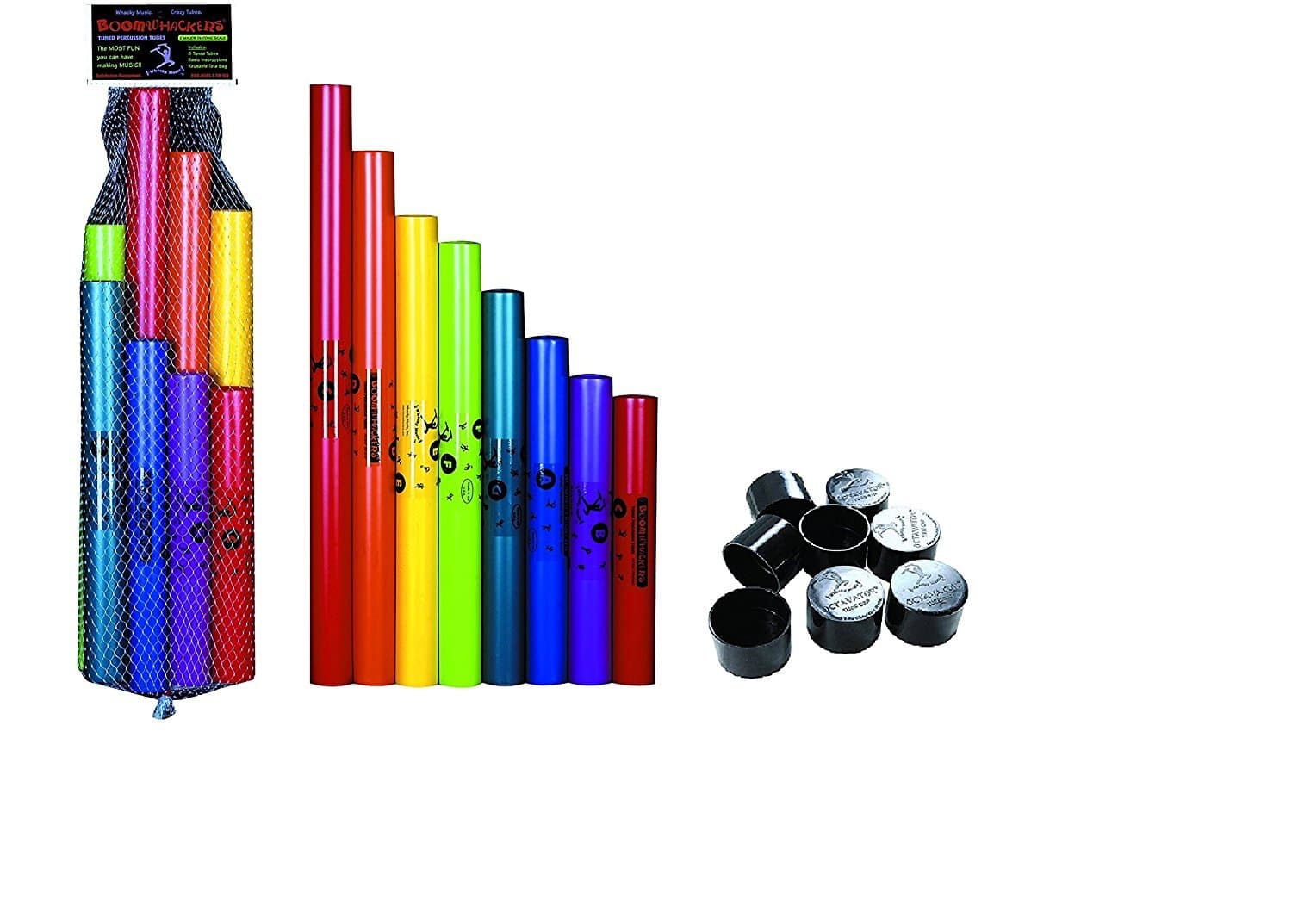 C Major Diatonic Scale Tuned Percussion Tubes, Plastic, Multi-Color, 8-Pack with Octavator Caps