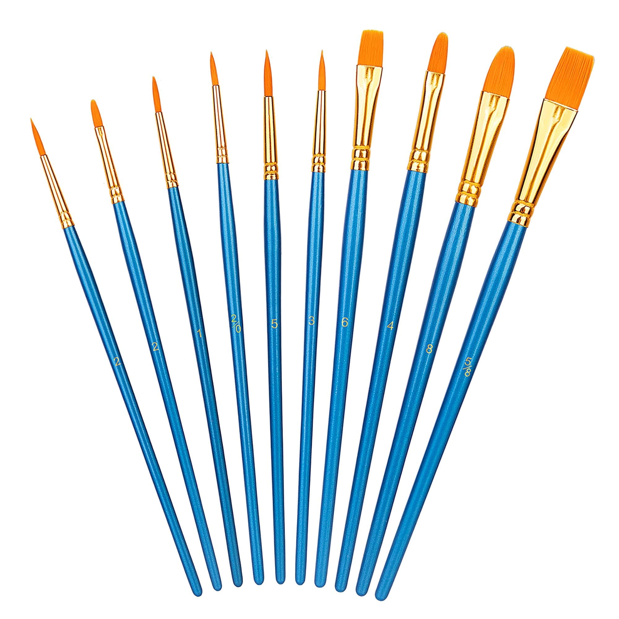 Amazon Basics Paint Brush Set, PBT Paint Brushes with Wood Handle, 10-Piece Set Different Sizes, for Watercolour Oil Acrylic Craft Painting, Blue