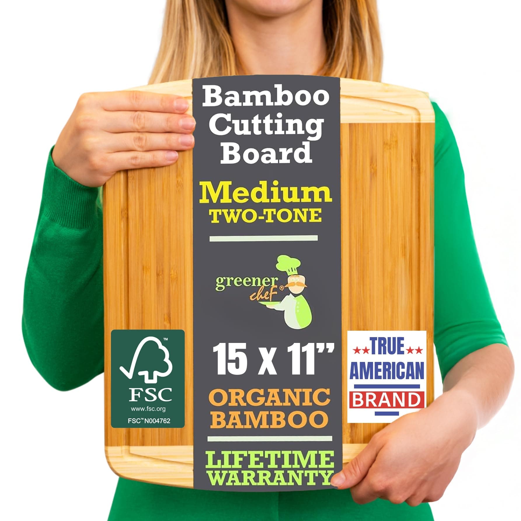 GREENER CHEF 15 Inch Medium Cutting Board with Lifetime Replacements, Bamboo Cutting Boards for Kitchen, Butcher Block, Medium Wooden Chopping Board for Meat, Veggies, Non Toxic Charcuterie Board