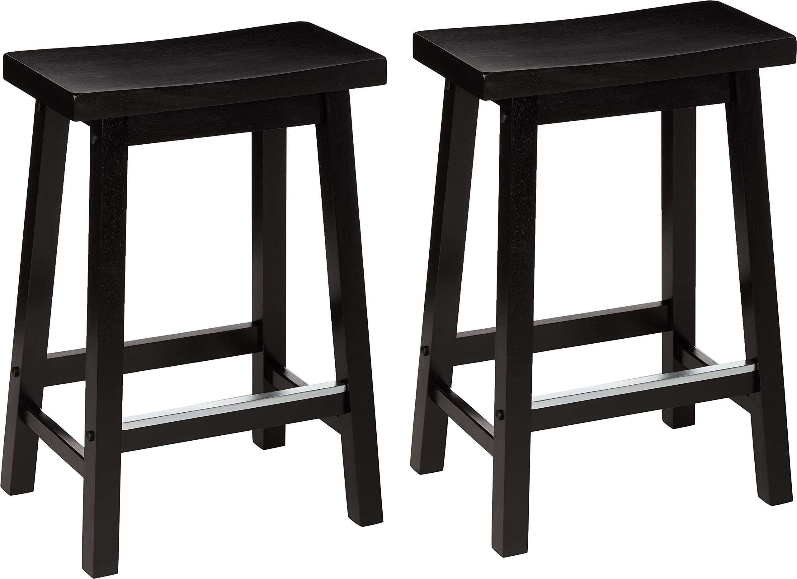 Amazon Basics Solid Wood Saddle-Seat Counter Height Bar Stools for Kitchen Island with Footrest, 24-Inch Height, Black, Set of 2