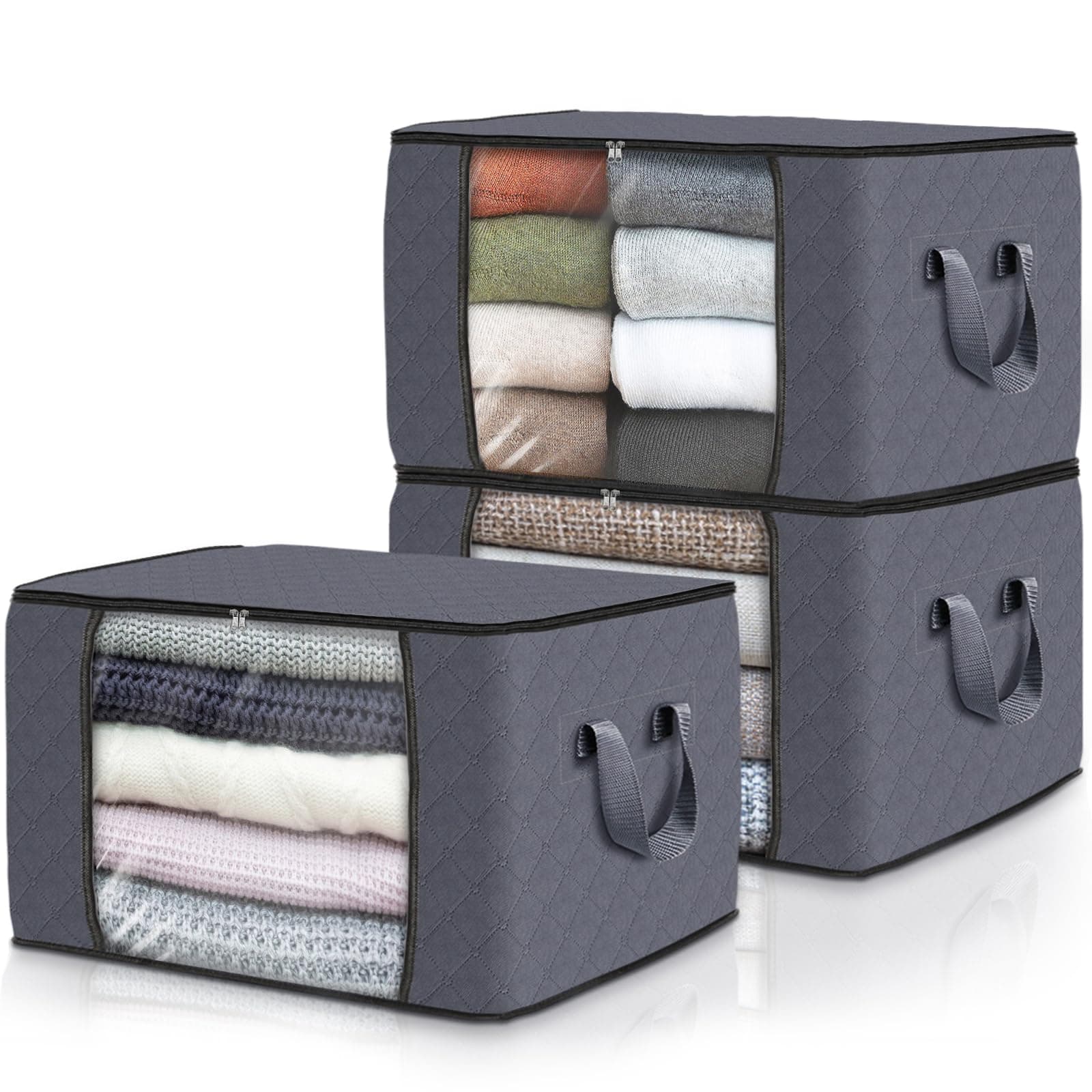 Fab totes 3-Pack Clothes Storage, Foldable Blanket Storage Bags, Storage Containers for Organizing Bedroom, Closet, Clothing, Comforter, Organization and Storage with Lids and Handle, Grey