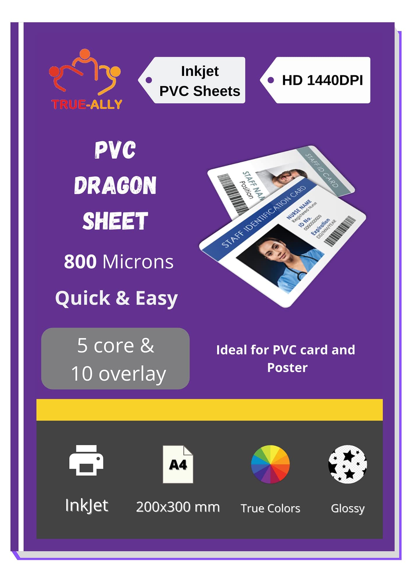 True-Ally PVC Lamination Dragon Sheet A4 Size 800 Micron for PVC Aadhar, Photos, ID card (Set of 5 Cores and 10 Overlays)