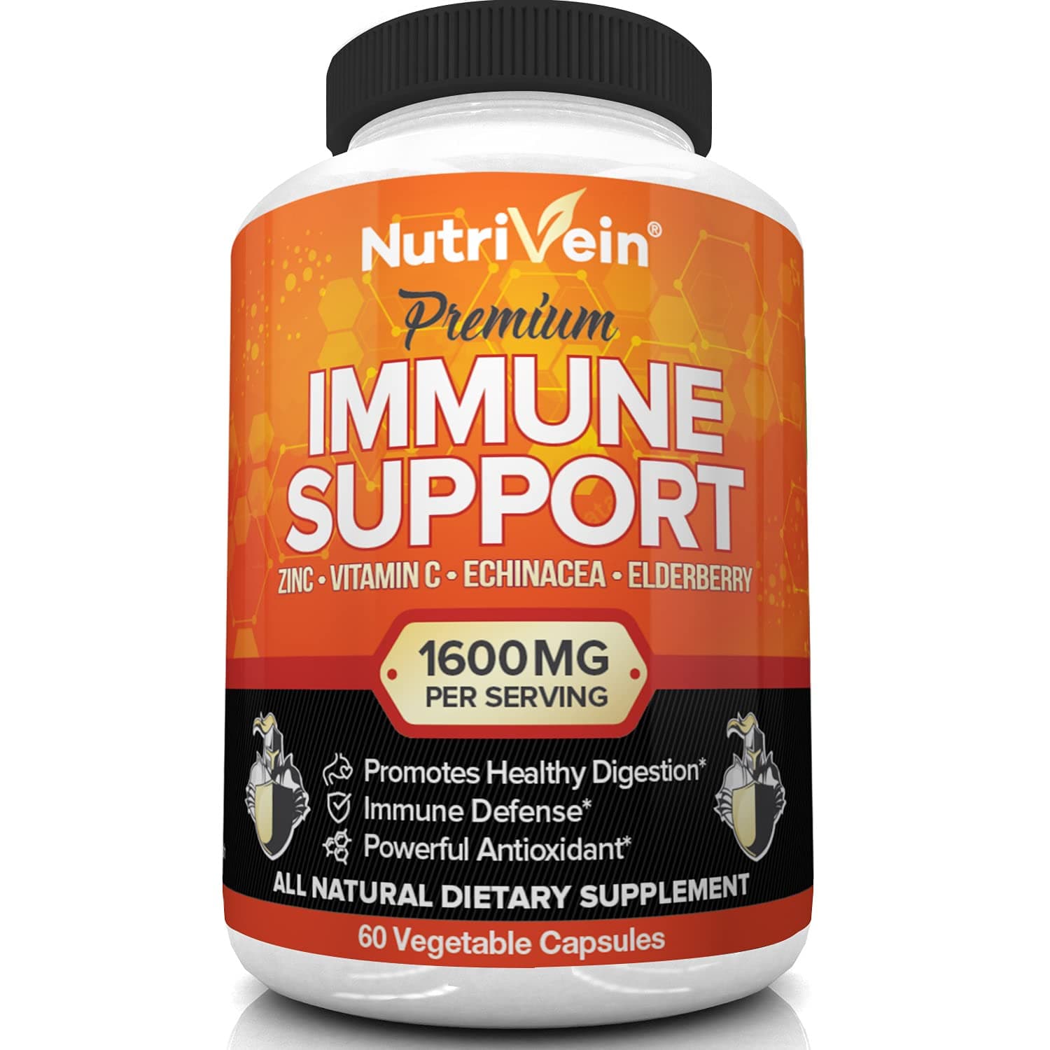 NutriveinImmune Support - Boost Your Immune System with Elderberry, Zinc, Vitamin C, Garlic & Echinacea Prebiotics - 1600MG Daily Dose - Supports Healthy Lifestyle and Stress Relief - 60 Capsules