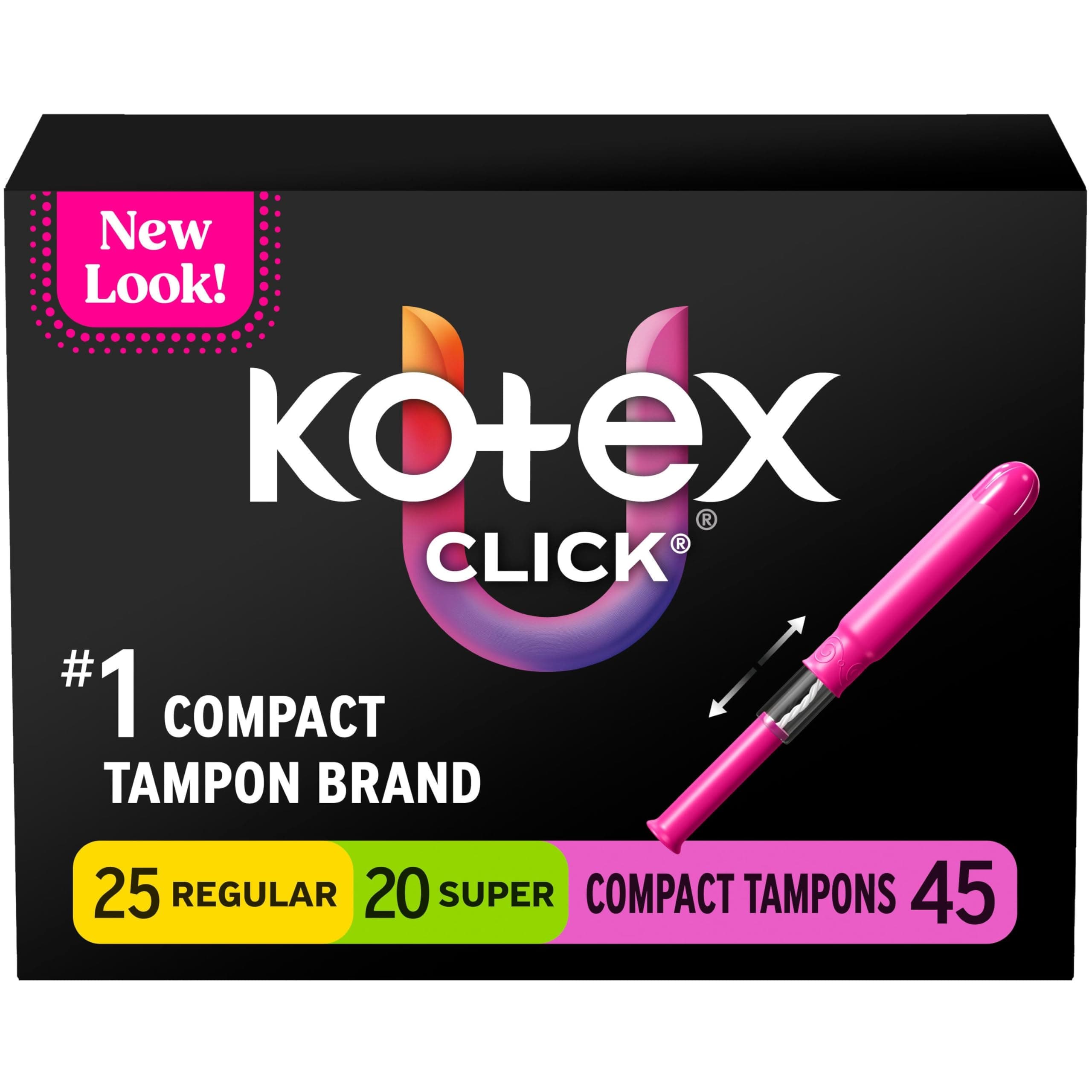 U by Kotex Click Compact Tampons, Multipack, Regular/Super Absorbency, Unscented, 45 Count (Packaging May Vary)