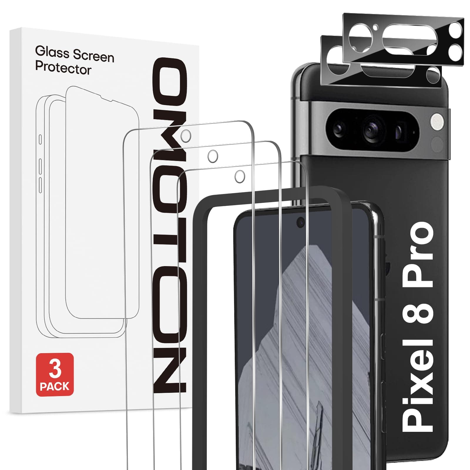3+2 Pack Google Pixel 8 Pro Screen Protector with Camera Lens Protector, Tempered Glass Film for Google Pixel 8 Pro, Support Fingerprint Unlock, Anti-Scratch, 9H Hardness, HD Clear