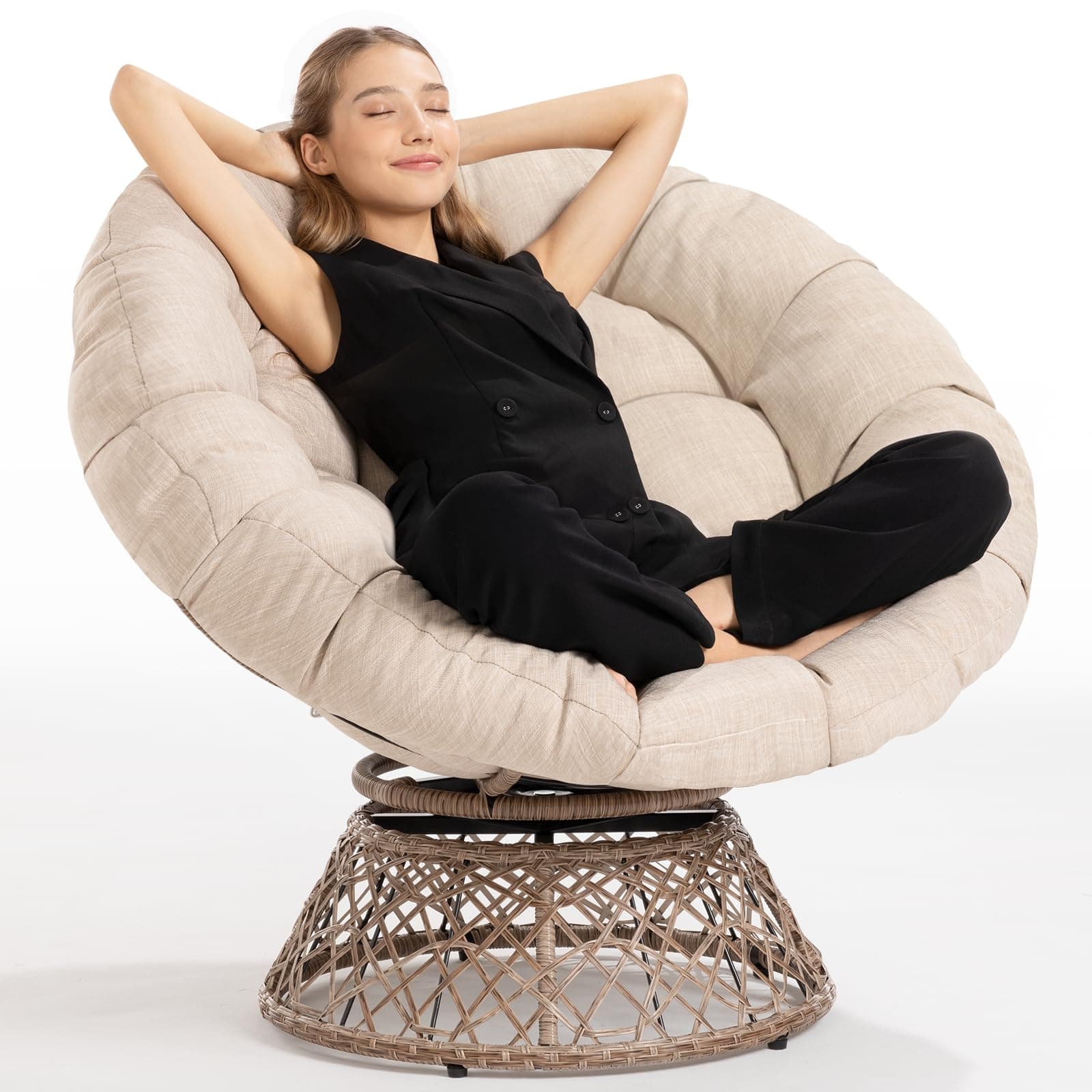 Bme Ergonomic Wicker Papasan Chair with Soft Thick Cushion & Frame