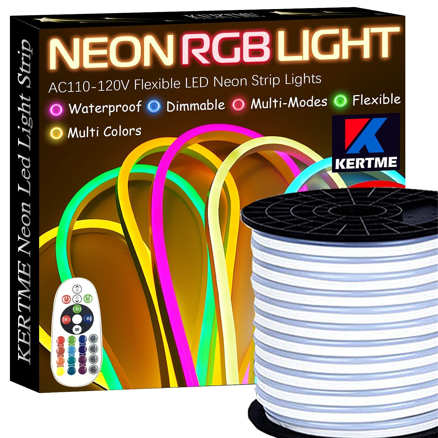 Neon Led Type AC 110-120V LED NEON Light Strip, Flexible/Waterproof/Dimmable/Multi-Colors/Multi-Modes LED Rope Light + 24 Keys Remote for Home/Garden/Building Decoration (98.4ft/30m, RGB)
