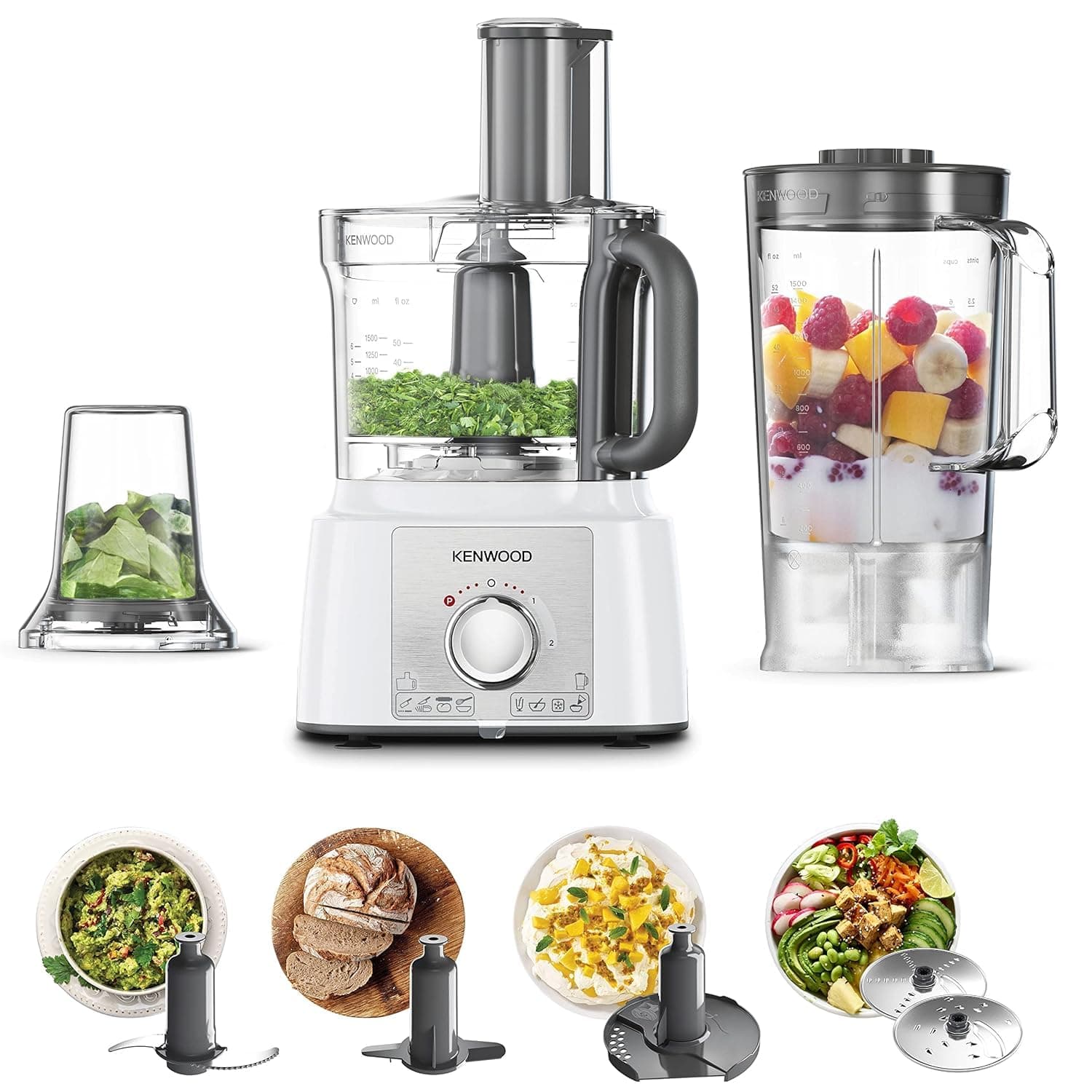 Food Processor 1000W Multi-Functional With 3L Bowl, 2 Stainless Steel Disks, Blender, Grinder Mill, Whisk, Dough Maker Fdp65.400Wh White