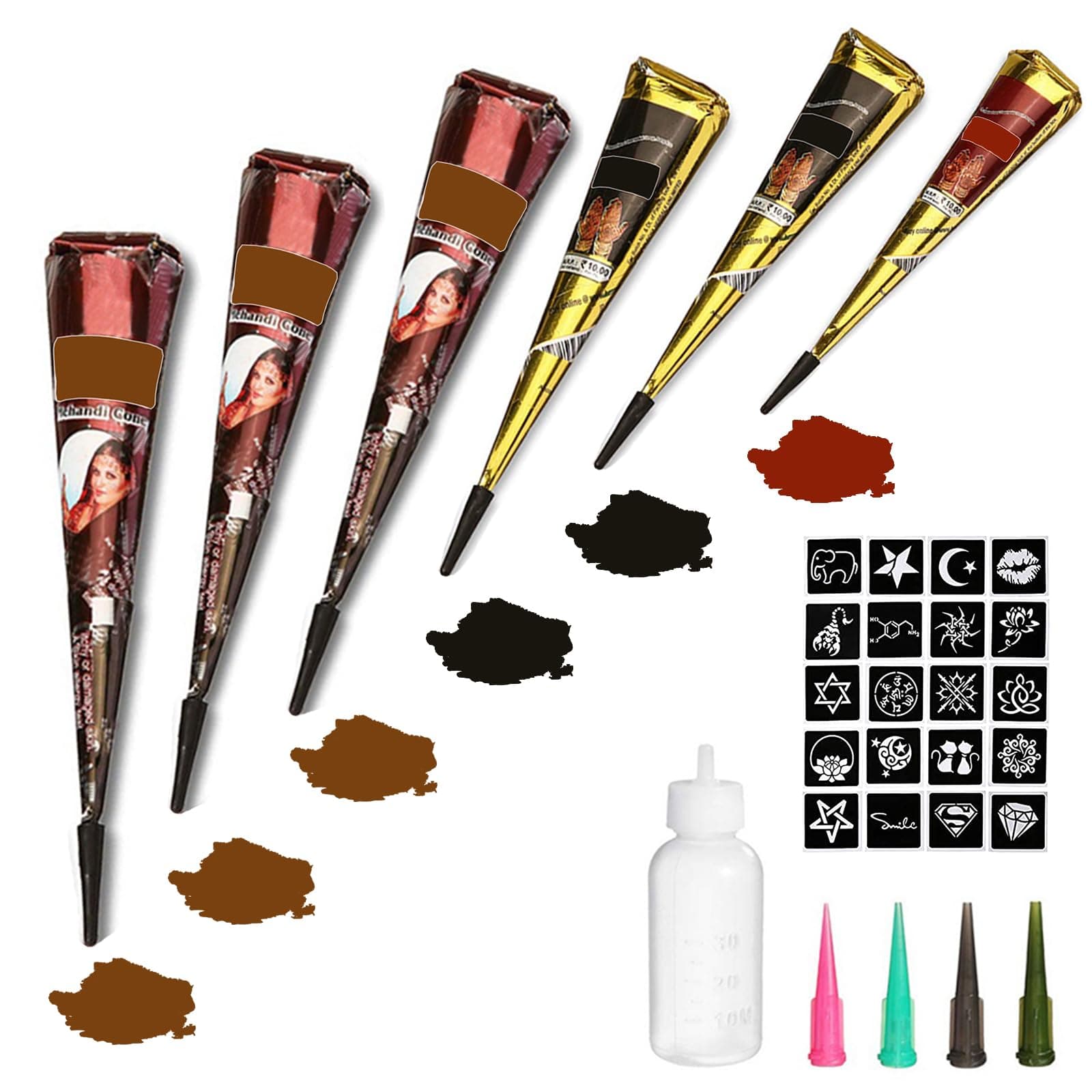 Temporary Tattoos Kit, 6Pcs Semi Permanent Tattoo Paste Cones, India Body DIY Art Painting for Women Men Teens,Summer Trend Freehand Plaste with 3 Colors,20Pcs Adhesive Stencil,1Pc Bottle,4Pcs Nozzles