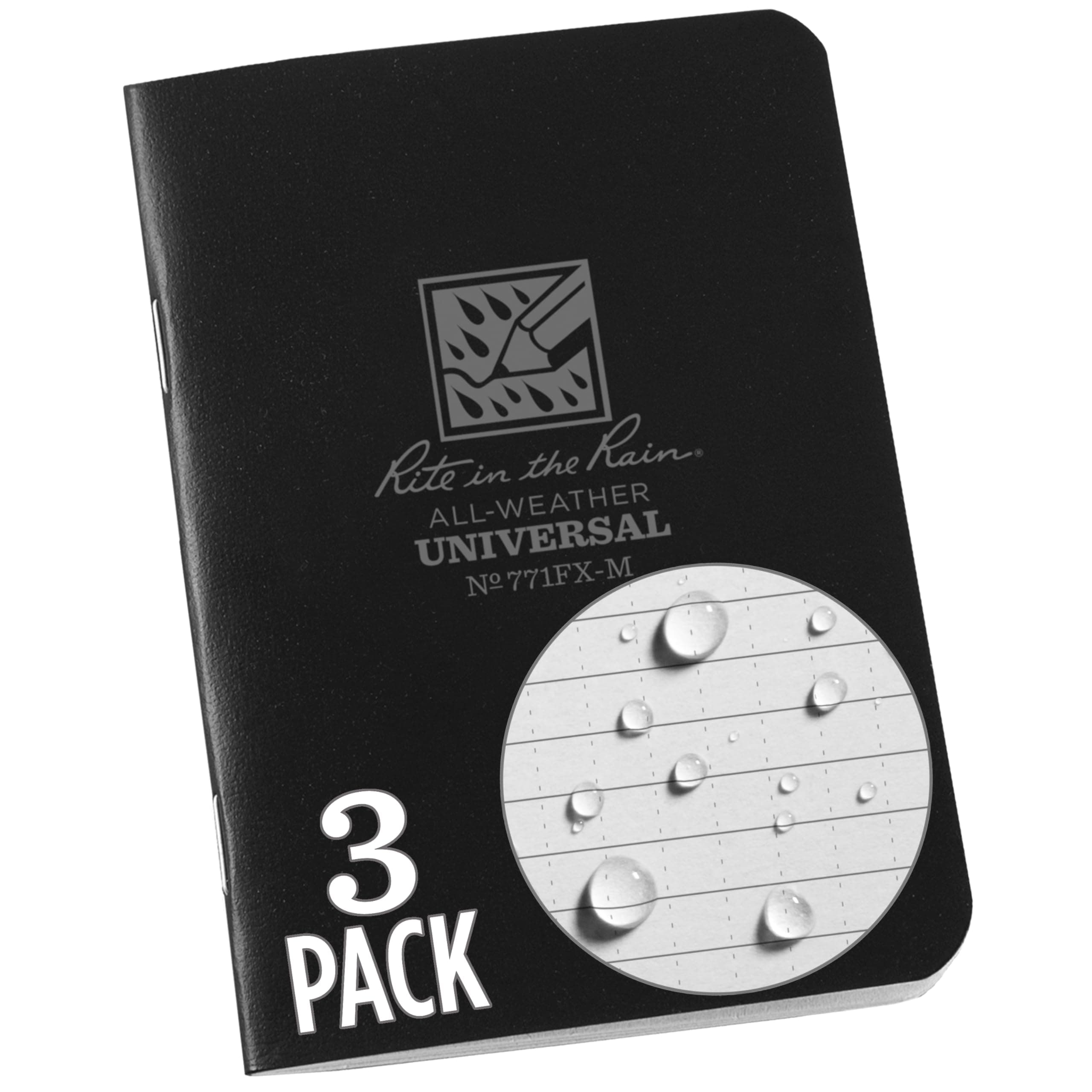 Rite in the Rain Weatherproof Mini-Stapled Notebook, 3 1/4" x 4 5/8", Black Cover, Universal Pattern, 3 Pack (No. 771FX-M)