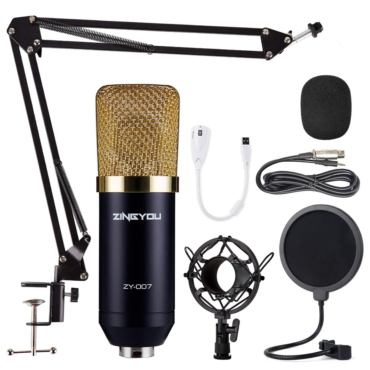 ZINGYOU Condenser Microphone Bundle, ZY-007 Professional Cardioid Studio Condenser Mic Include Adjustable Suspension Scissor Arm Stand, Shock Mount and Pop Filter, Studio Recording & Broadcasting