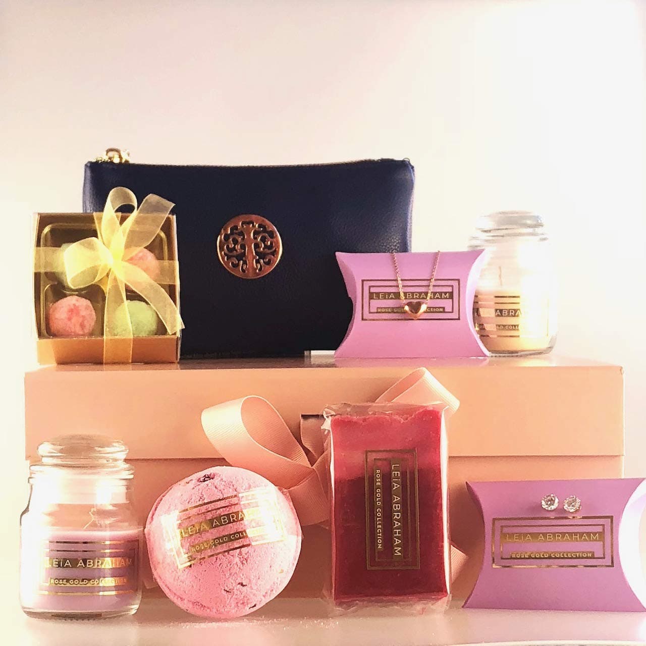 Gift for Her, Present for any occasion : 2 x Scented Candles, 2 x Rose Gold Jewellery, Chocolates, Soap, Bath Bomb, Handbag - Birthday Anniversary Christmas Xmas Valentines Mothers Day Thank You