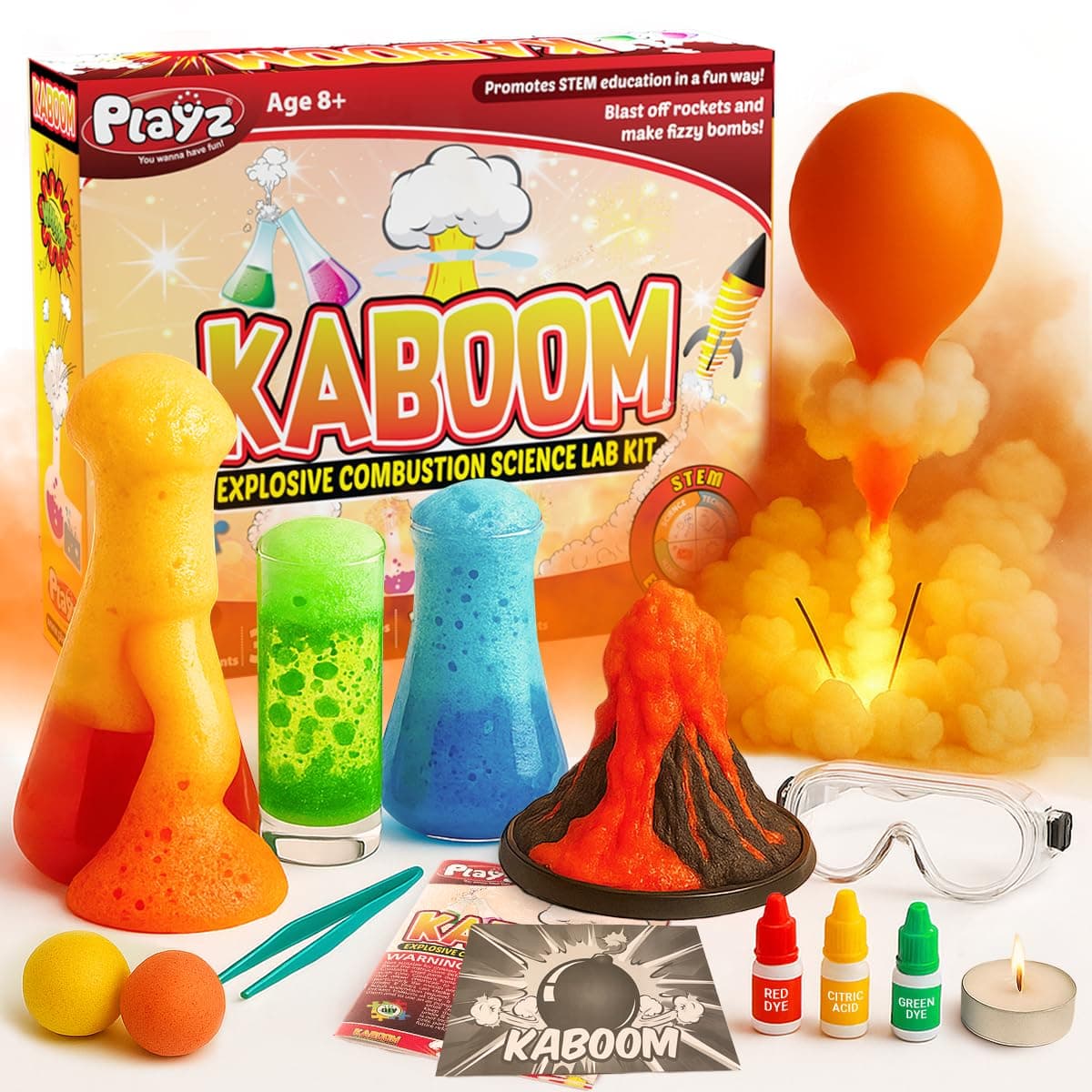 Playz Kaboom! 50+ Explosive Science Experiments Kit for Kids Age 8-12 with 25 Playz Lab Token Experiments - Chemistry Set STEM Learning & Educational Toys & Gifts for Boys, Girls, Teenagers & Kids
