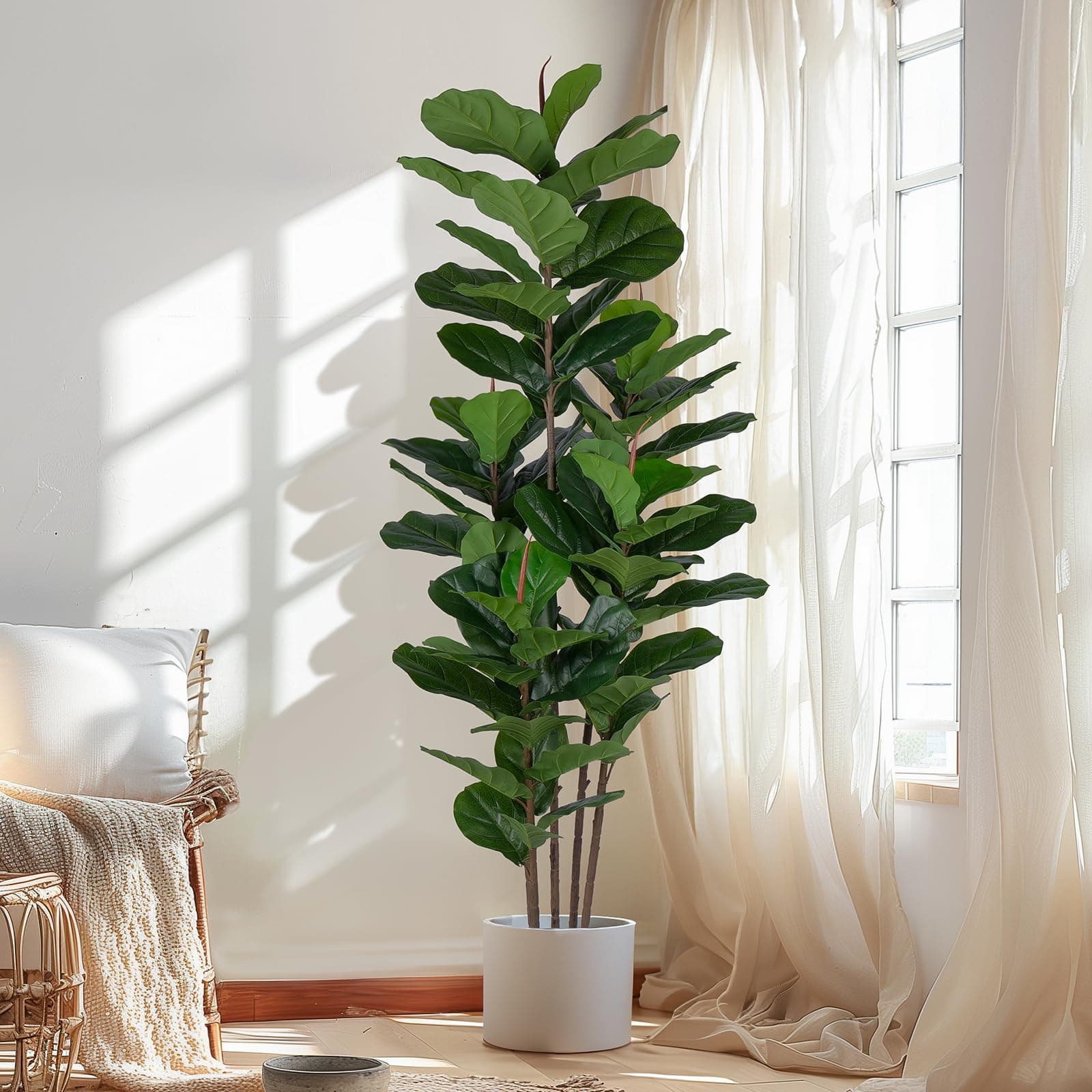 Faux Fiddle Leaf Fig Tree 6 FT - Artificial Ficus Tree with Tall Artificial Plants Large 69 Fiddle Leaves - Lifelike Fake Trees for Home Decor Living Room Indoor Outdoor