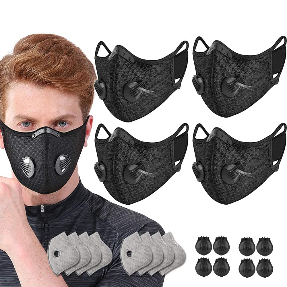 4 Pack Adjustable Reusable Face Protection with 8 Carbon Filters and 8 Valves for Cycling Sport Black