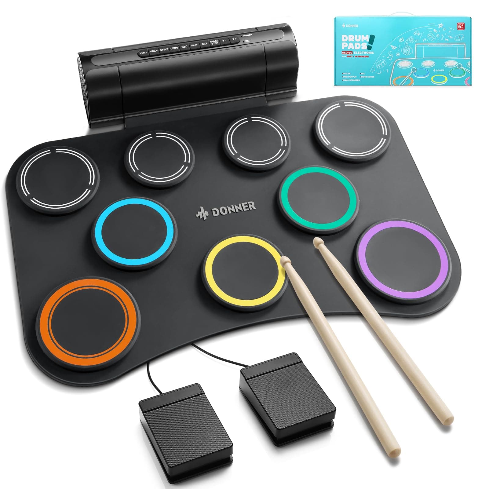 Donner Electronic Drum Pad, 9 Pads Electronic Drum Set Roll Up Quiet Drum Pad with Built-in Speaker, Kids Holiday & Birthday Gift Music Toy DED-20(SE)