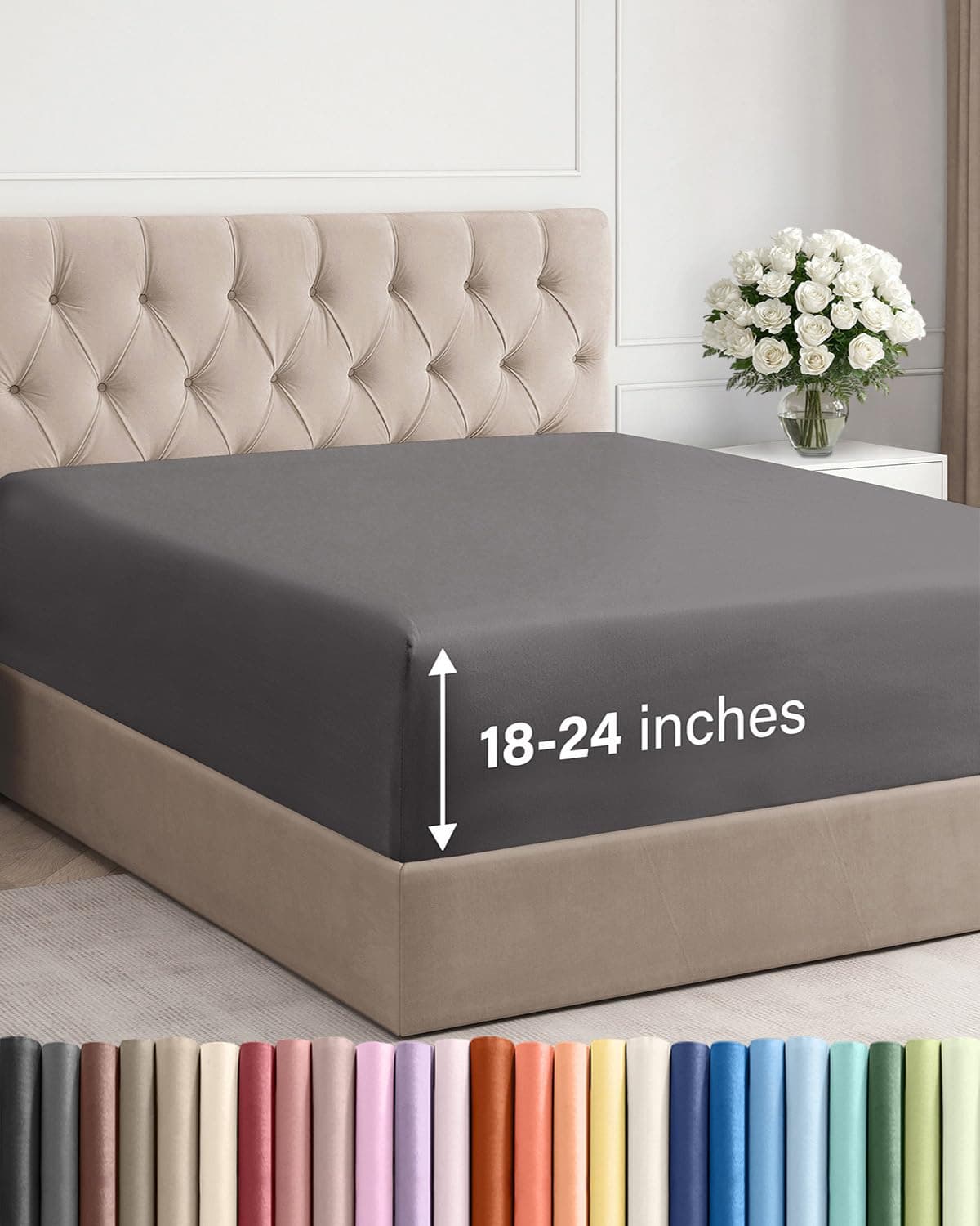 Extra Deep King Fitted Sheet - Hotel Luxury Single Fitted Sheet Only - Easily Fits 18 inch to 24 inch Mattress - Ultra Soft, Wrinkle & Fade Free w/Extra Deep Pockets - Breathable & Comfy - Dark Grey