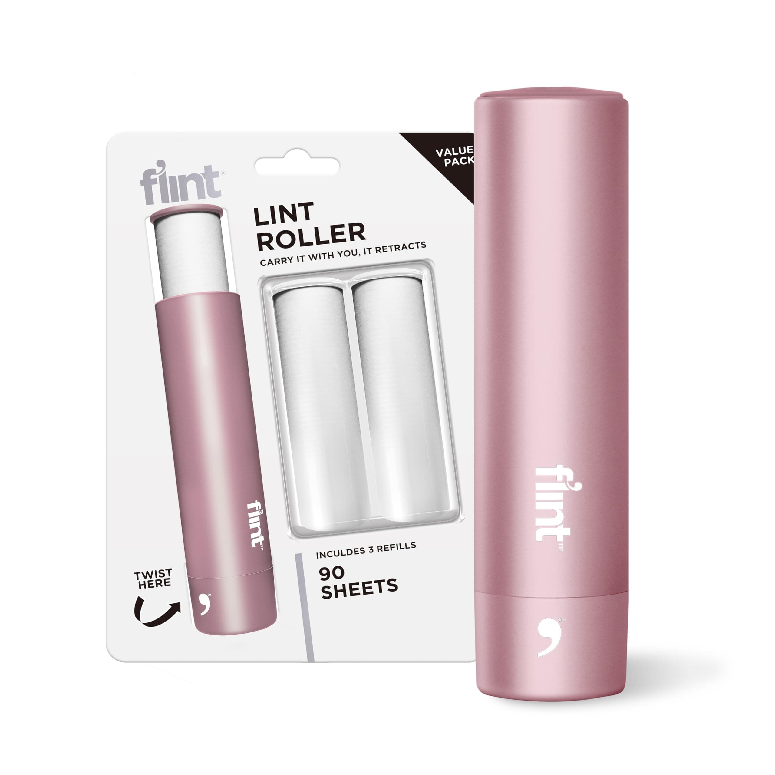 Flint Rose Gold Retractable Mini Lint Roller with 90 Extra Sticky Sheets, Small and Portable Lint Roller, Ideal Pet Hair Remover, Travel Lint Rollers for pet Hair Extra Sticky