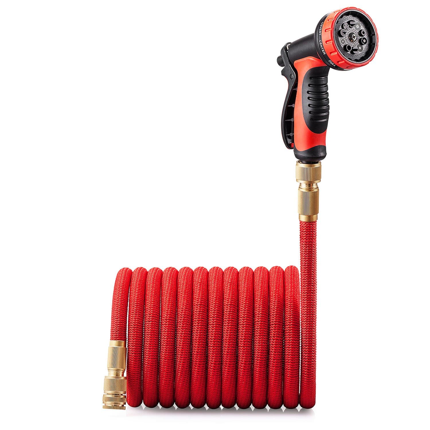 Expandable Garden Hose with Solid Brass Connector and 10 Pattern Spray Gun - 100FT(30M) Red