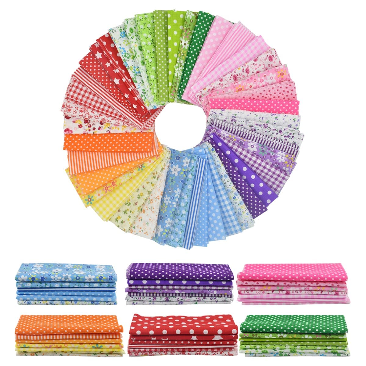 9.8X 9.8 42Pcs Cotton Print Fabric Bundle Squares Pre-Cut Multicolor Design Printed Quilting Sewing Floral for Quilting Patchwork DIY Craft Scrapbooking Cloth (Red/Yellow/Green/Blue/Pink/Purple)