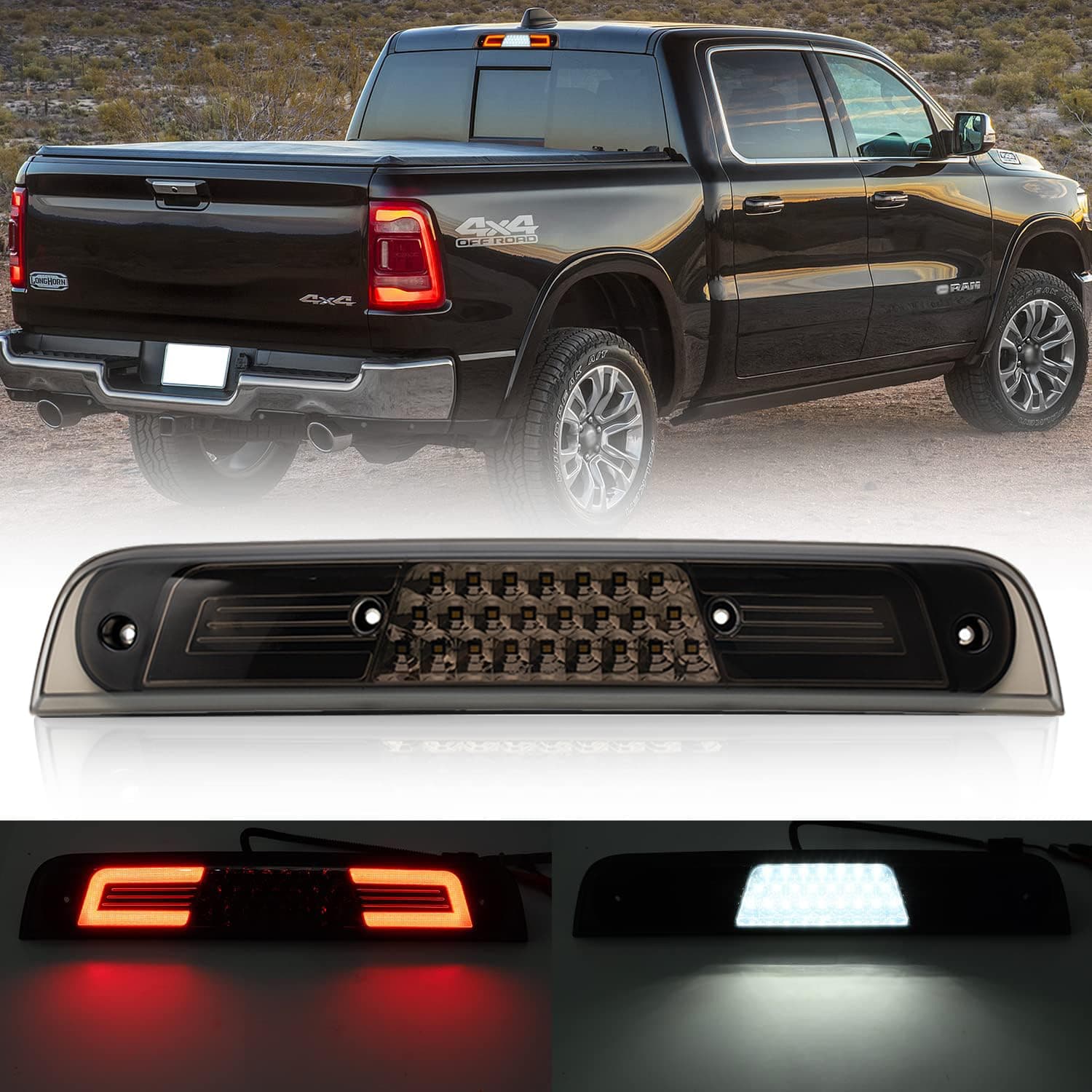 NSLUMO Led Third Brake Light Replacement for 2019 2020 2021 2022 2023 2024 RAM 1500 Pickup Trucks Red LED 3rd Brake Center High Mount Stop Lamp White Cab Cargo Light Smoked Lens Truck Bed CHMSL