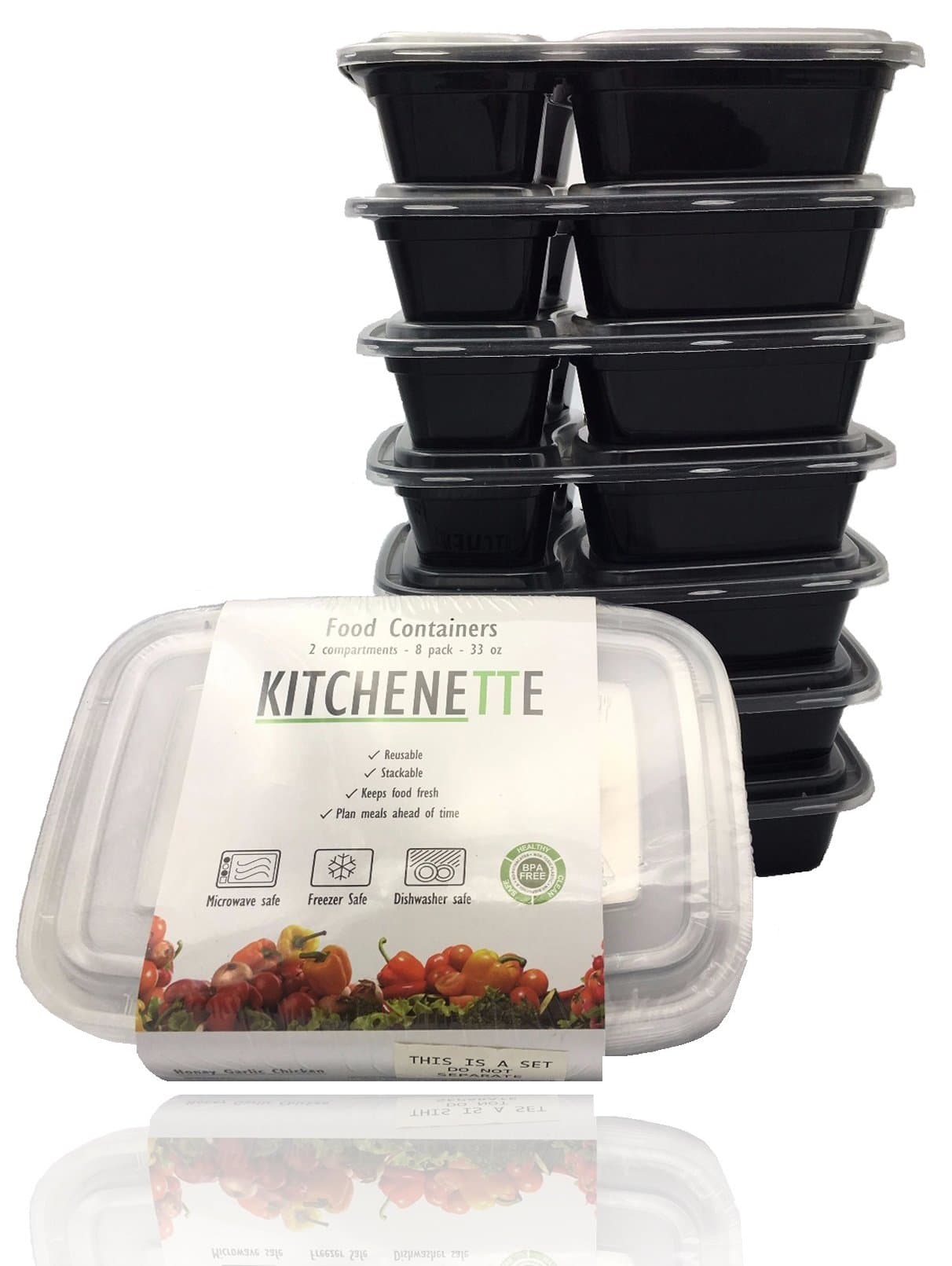 Kitchenette Food Container, Reusable Plastic Material, 33 Oz with 2 Compartments, Set of 8 Disposable Containers, Black with Clear Lid
